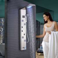 LED Brushed Nickel Waterfall Rain Shower Column Panel Jets Sprayer Hand Shower Mixer Faucet Set